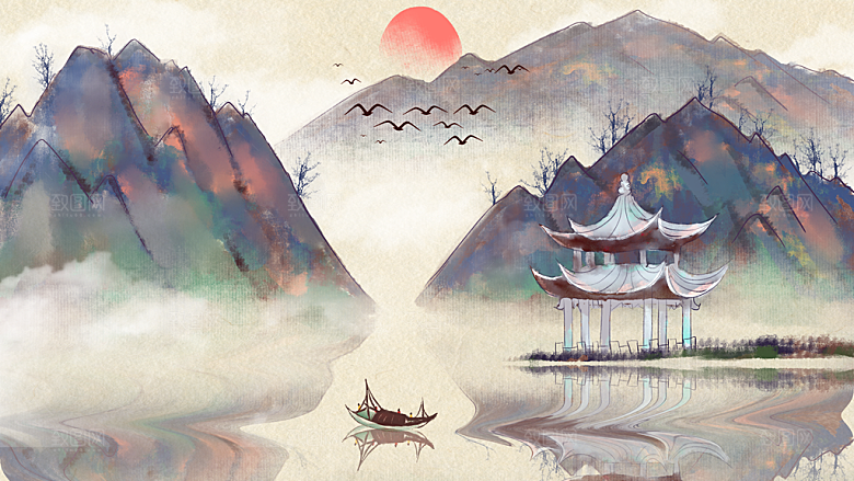 中国风古风水墨山川河流装饰背景