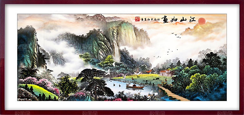 中国风古风水墨山川河流装饰背景