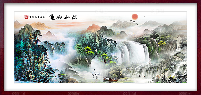 中国风古风水墨山川河流装饰背景