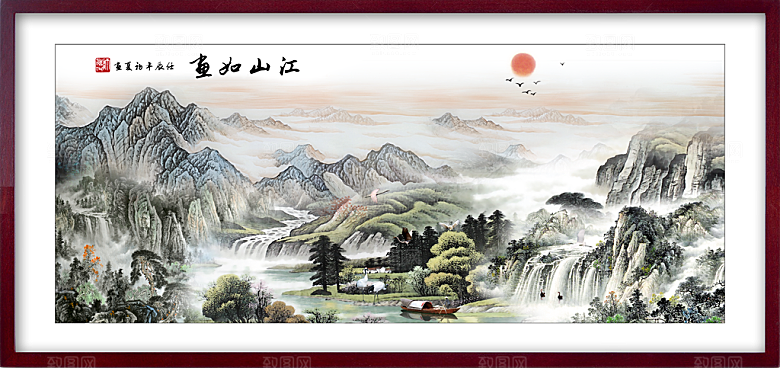 中国风古风水墨山川河流装饰背景