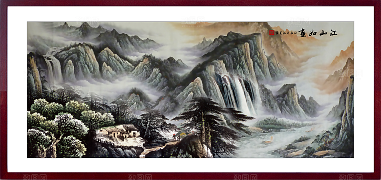 中国风古风水墨山川河流装饰背景