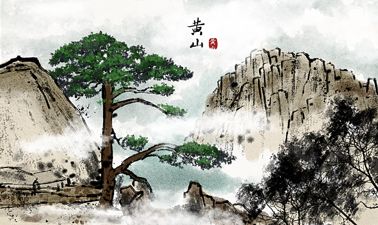 中国风古风水墨山川河流装饰背景