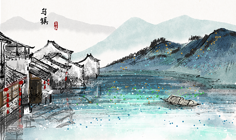 中国风古风水墨山川河流装饰背景