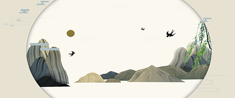 古典中国风新中式立体感奢华山水画鎏金背景