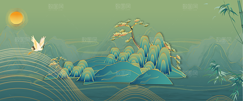古典中国风新中式立体感奢华山水画鎏金背景