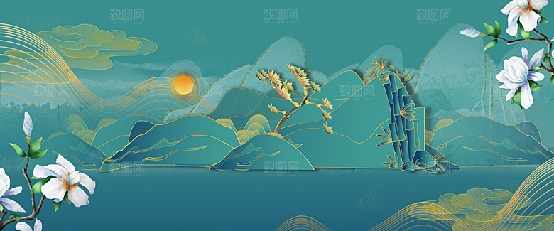 古典中国风新中式立体感奢华山水画鎏金背景