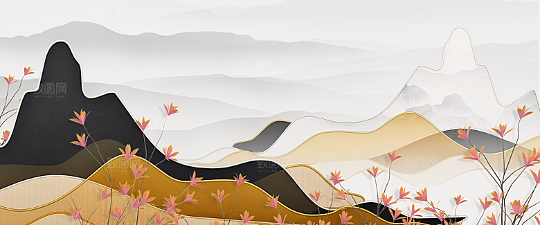 古典中国风新中式立体感奢华山水画鎏金背景