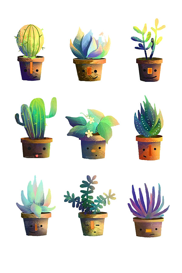 手绘卡通水彩多肉植物仙人掌盆栽PNG
