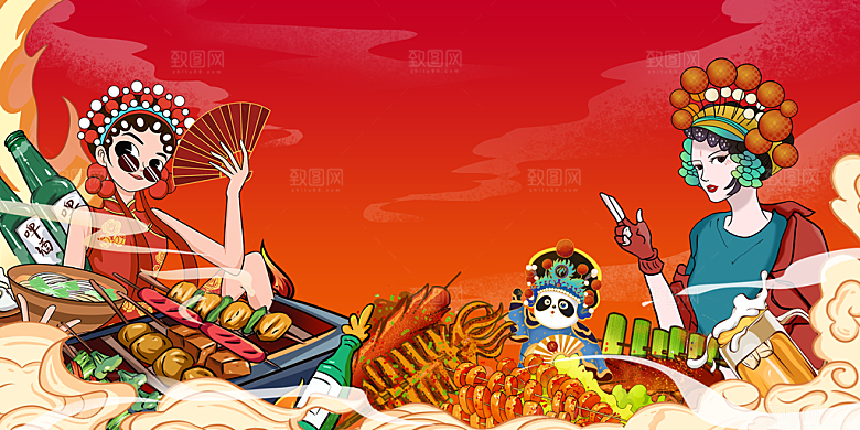 美食插画美食节海报主视觉KV背景展板