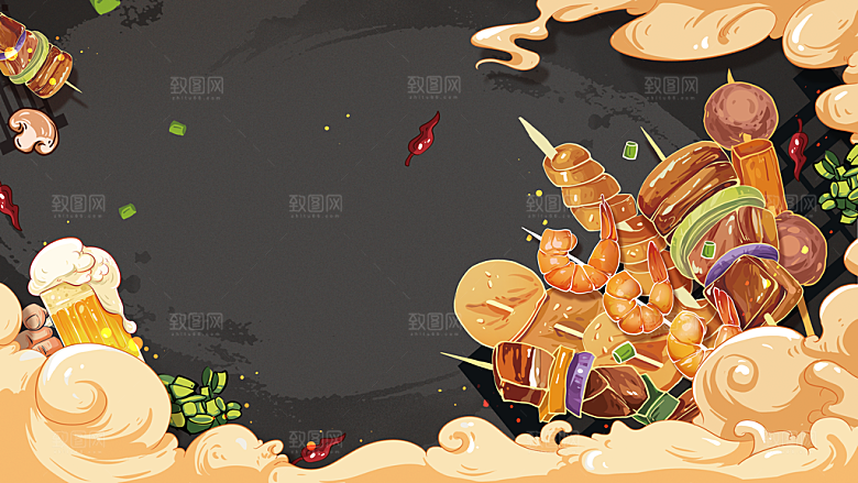 美食插画美食节海报主视觉KV背景展板