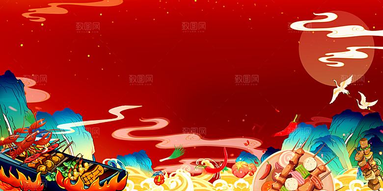 美食插画美食节海报主视觉KV背景展板