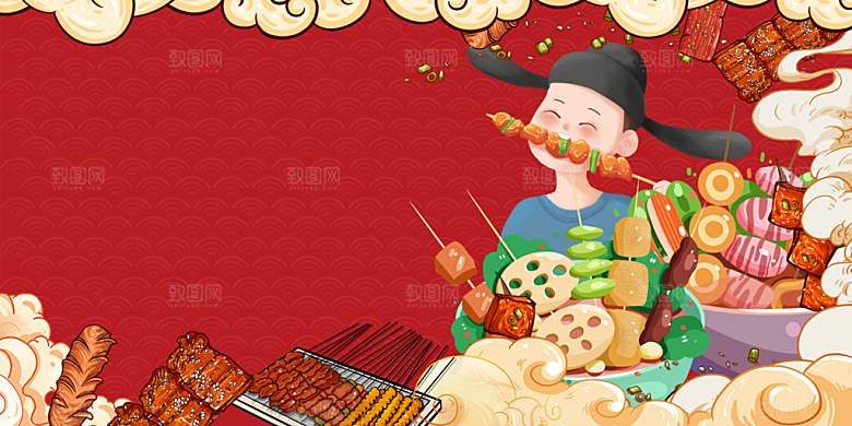 美食插画美食节海报主视觉KV背景展板