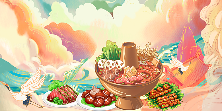 美食插画美食节海报主视觉KV背景展板