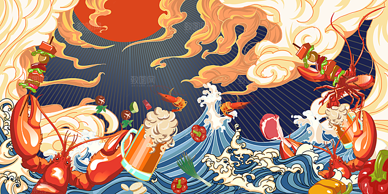 美食插画美食节海报主视觉KV背景展板