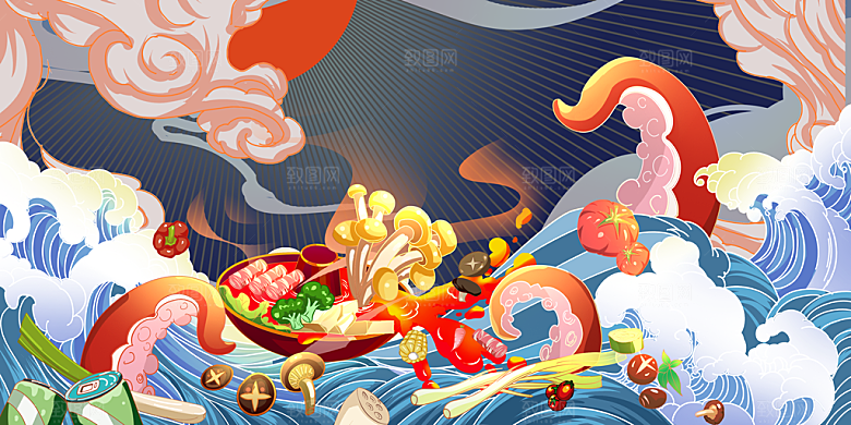 美食插画美食节海报主视觉KV背景展板