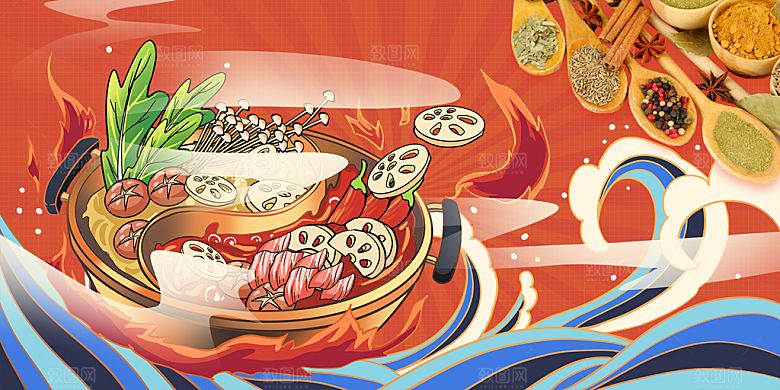 美食插画美食节海报主视觉KV背景展板