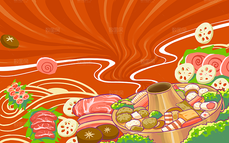 美食插画美食节海报主视觉KV背景展板