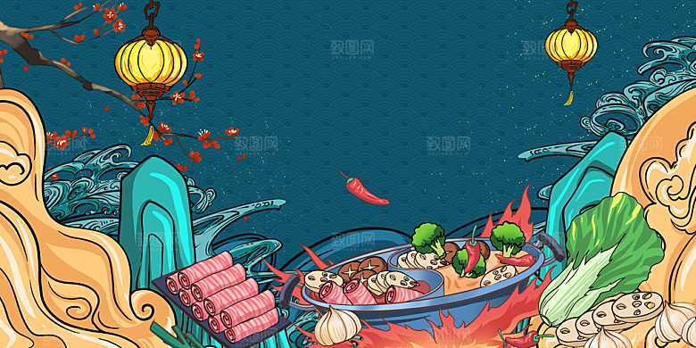 美食插画美食节海报主视觉KV背景展板