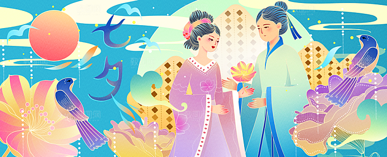 七夕国潮风运营插画banner