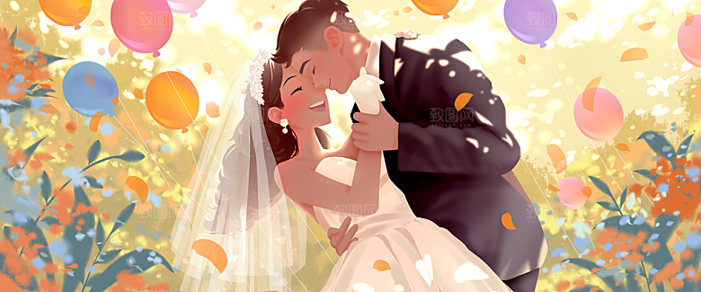 七夕阳光下的婚礼插画banner