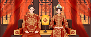 七夕中式婚礼插画banner