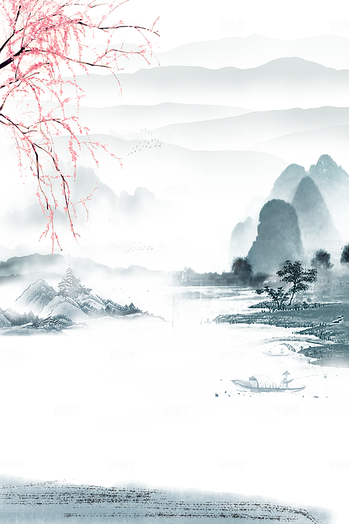 中国风水墨工笔画山水意境古风背景