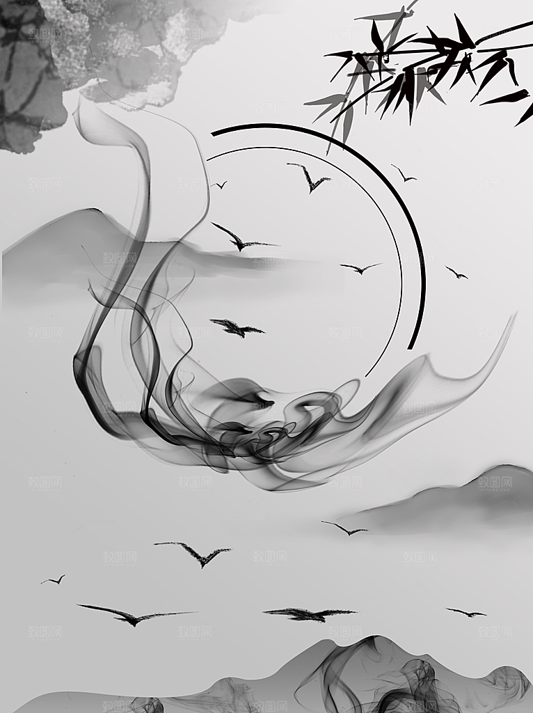 中国风水墨工笔画山水意境古风背景