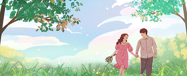 唯美治愈系小清新春日踏青运营插画bann