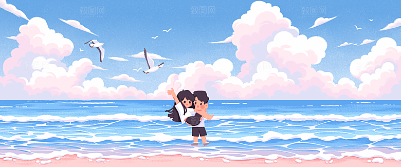 夏天情侣公主抱海边插画banner