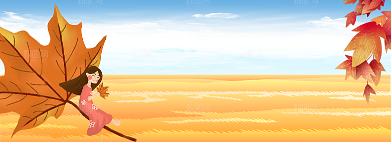 秋天清新唯美落叶插画背景素材