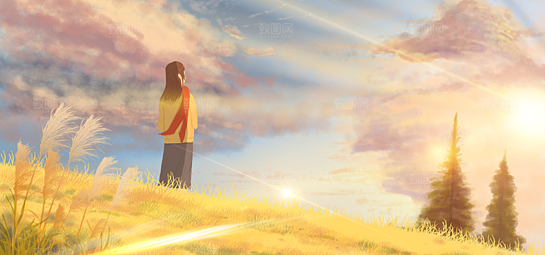 秋天清新唯美落叶插画背景素材