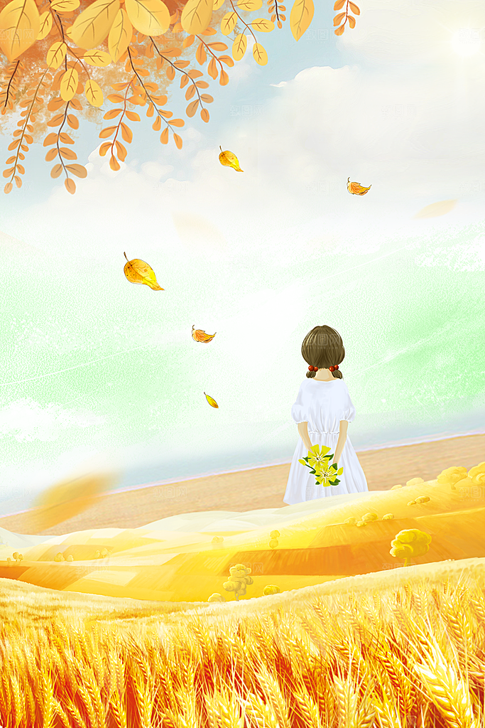 秋天清新唯美落叶插画背景素材