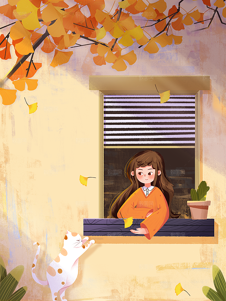 秋天清新唯美落叶插画背景素材
