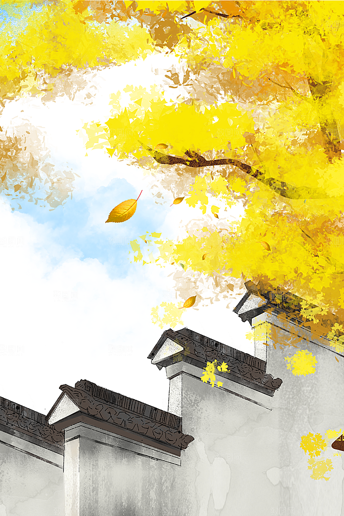 秋天清新唯美落叶插画背景素材