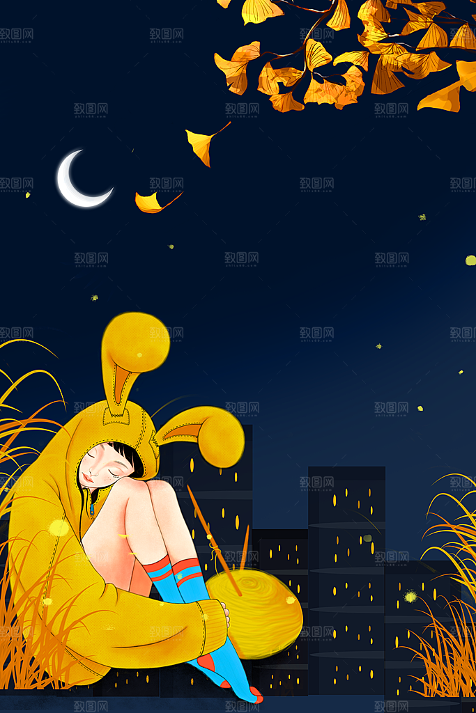 秋天清新唯美落叶插画背景素材