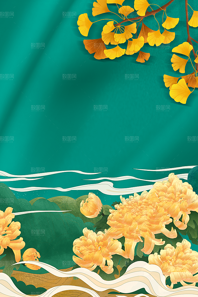 秋天清新唯美落叶插画背景素材