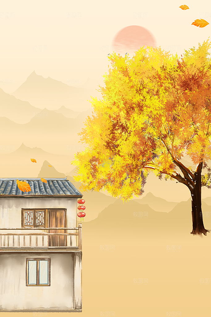 秋天清新唯美落叶插画背景素材