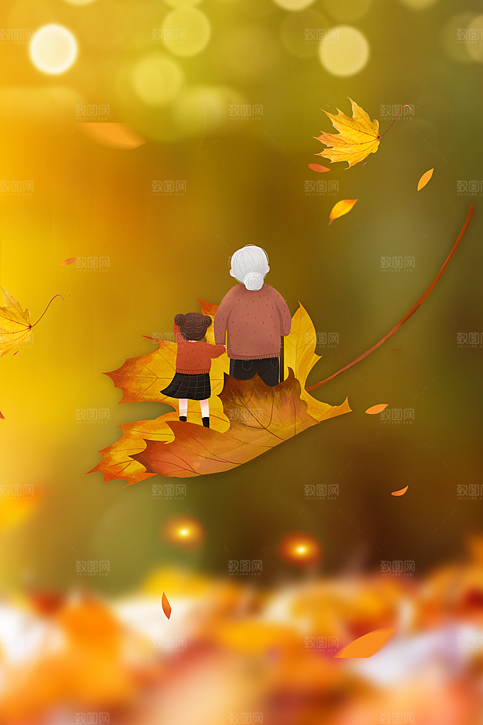 秋天清新唯美落叶插画背景素材