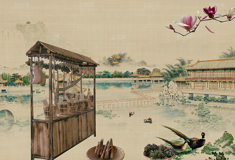 中国风复古工笔画民国风背景素材