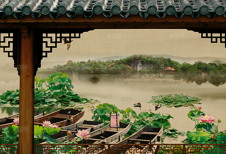 中国风复古工笔画民国风背景素材