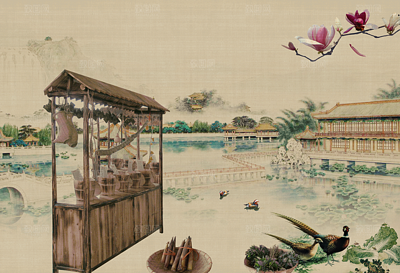 中国风复古工笔画民国风背景素材