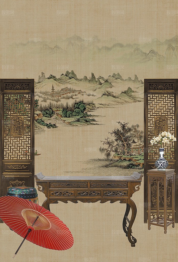 中国风复古工笔画民国风背景素材