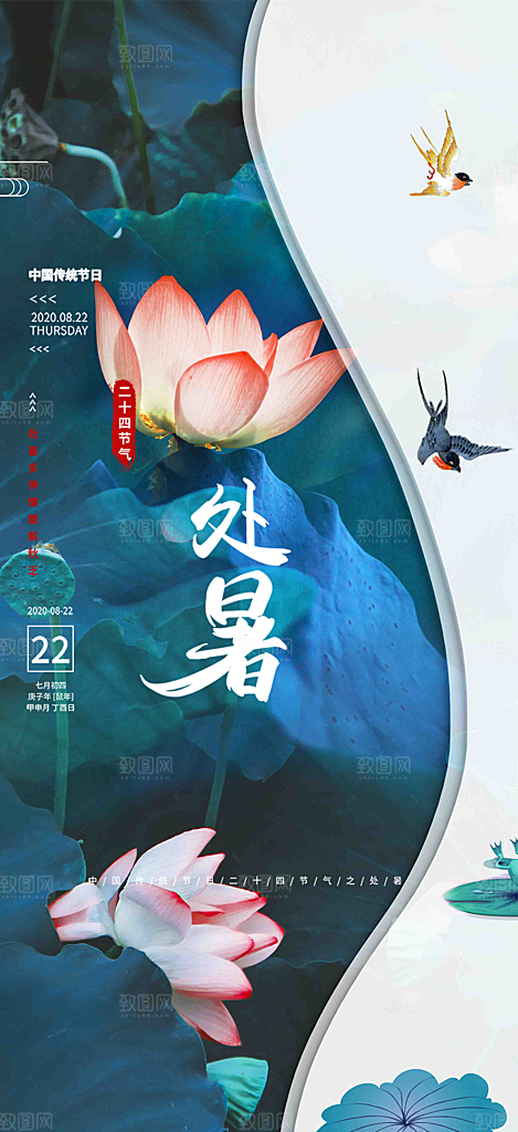 清新二十四节气处暑炎热节气海报