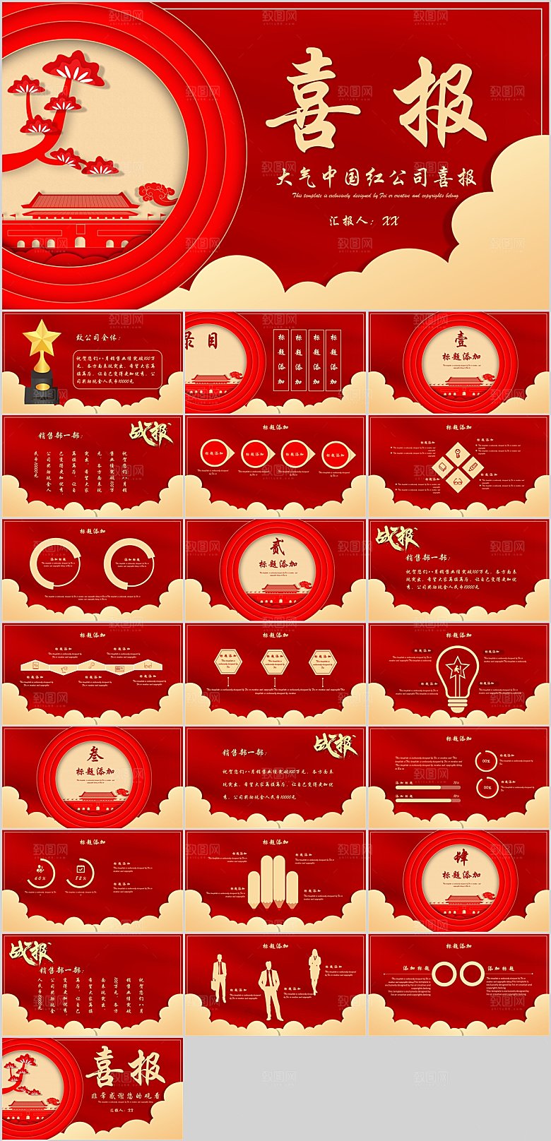 红色喜庆简约公司喜报ppt