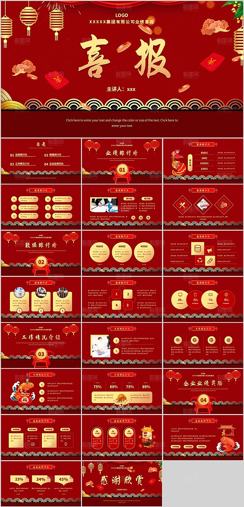 红色喜庆简约公司喜报ppt