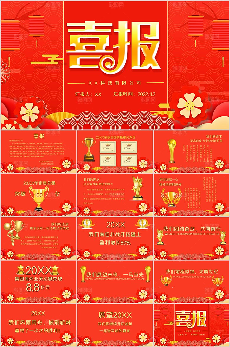 红色喜庆简约公司喜报ppt