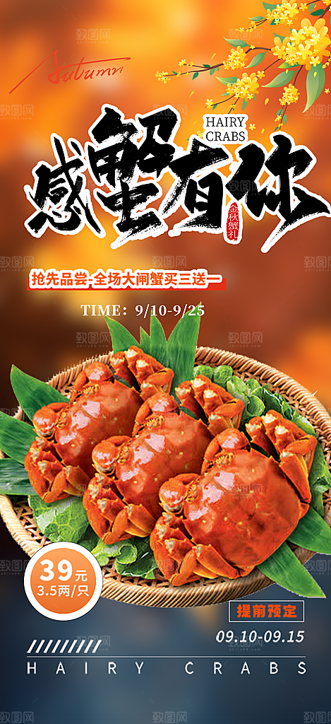 螃蟹大闸蟹美味促销海报