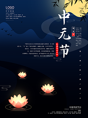 七月半中元节放孔明灯莲花天灯夜景海报