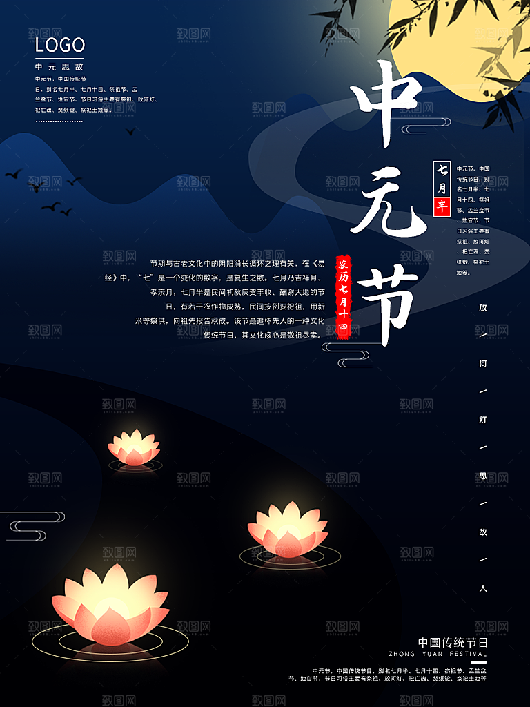 七月半中元节放孔明灯莲花天灯夜景海报