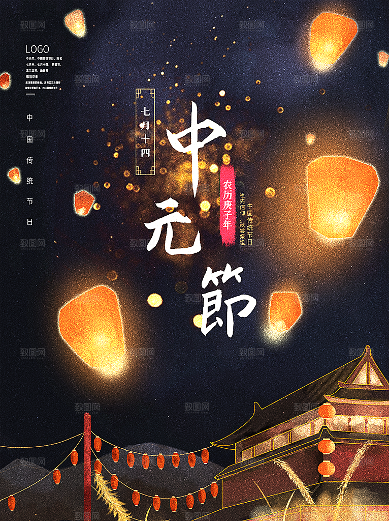 七月半中元节放孔明灯莲花天灯夜景海报